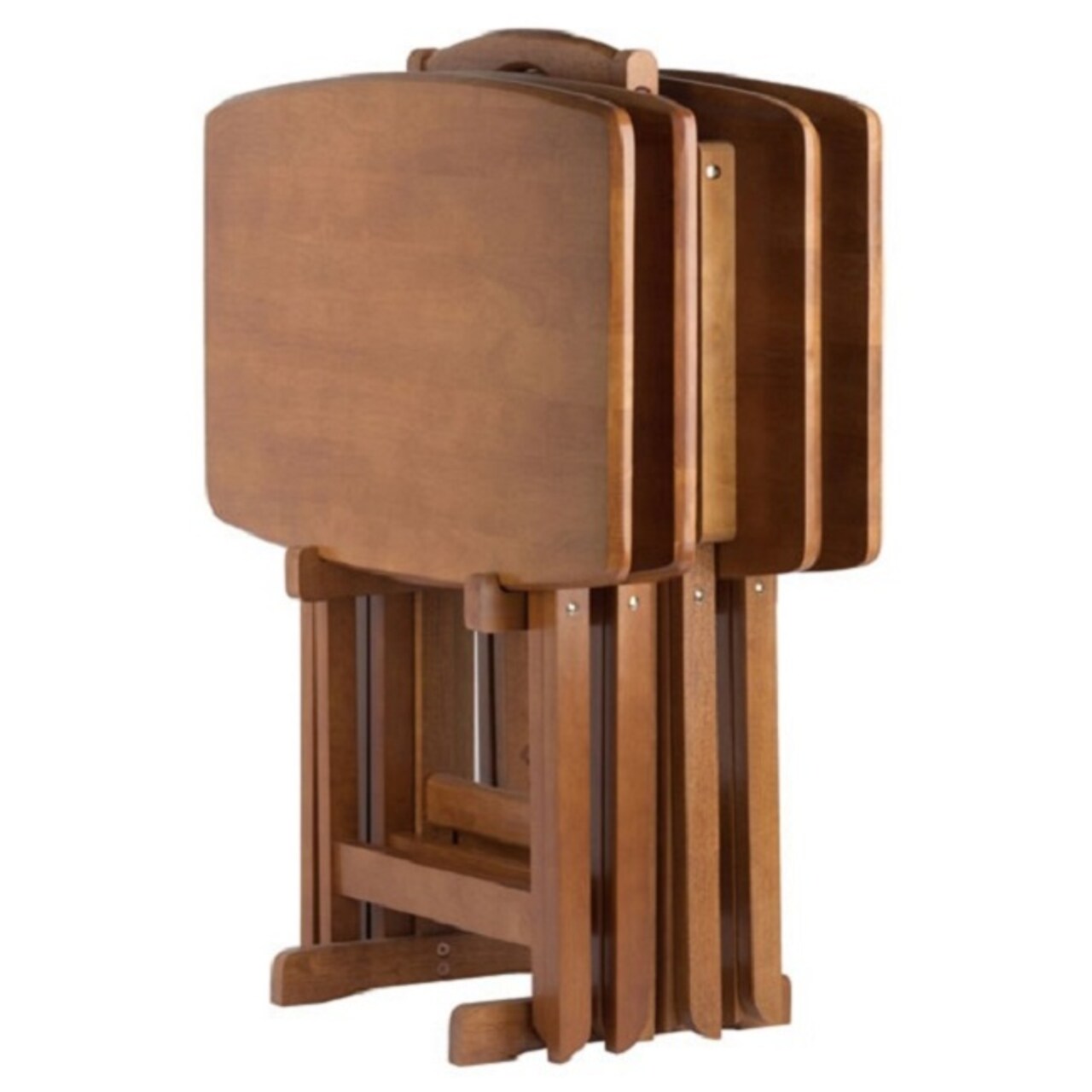 Contemporary Home Living Set of 5 Teak Brown Wooden Snack Tables with Storage Stand, 25.50”